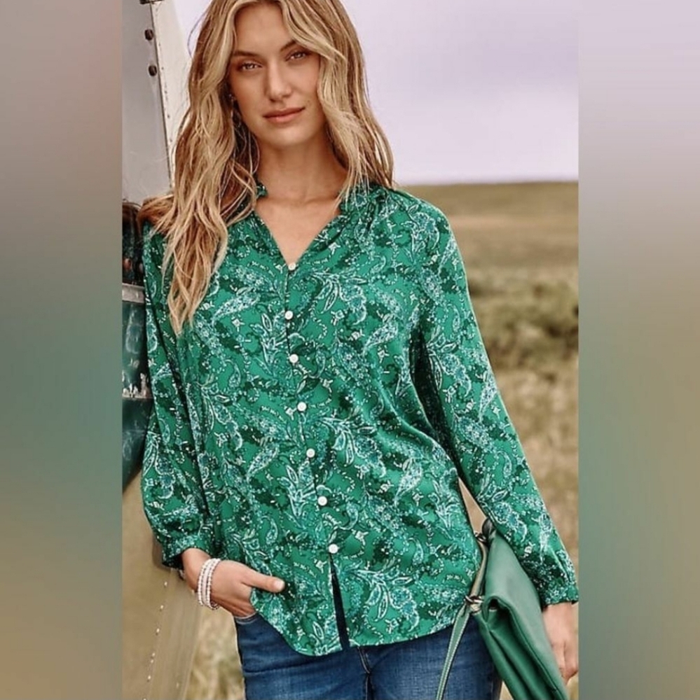 J. Jill Ruffled A-Line Button Front Paisley Top Green Sz M Cottage Boho Peasant